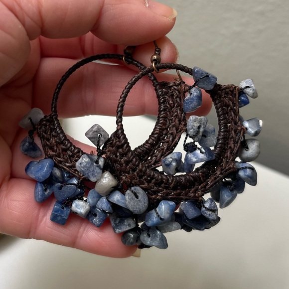 Jewelry - Handwoven Sodalite Chip Hoop Earrings w/ Vinyl Thread